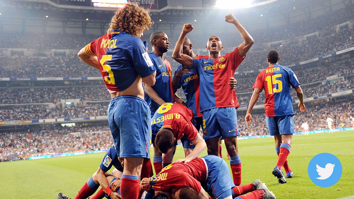 Celebración de los jugadores del Barça en el Bernabéu