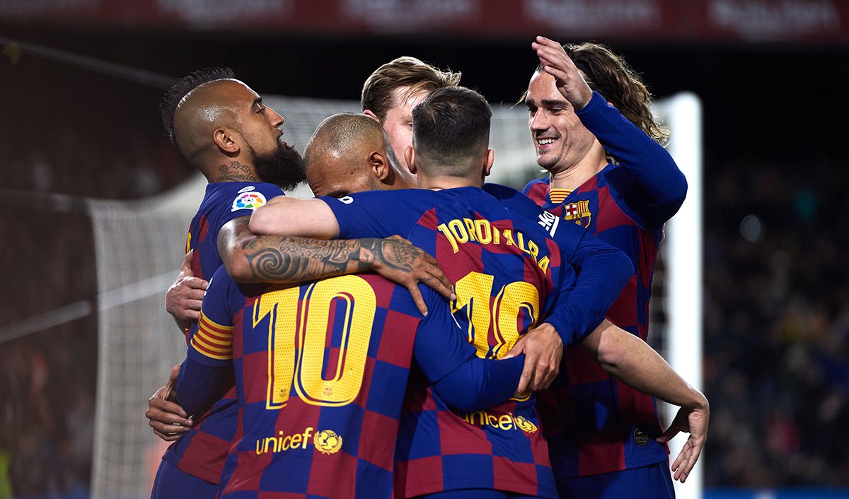 El FC Barcelona, celebrando un gol marcado esta temporada