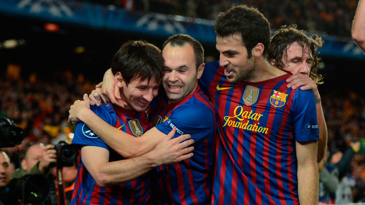 Cesc Fàbregas, Leo Messi y Andrés Iniesta celebran un gol del Barça
