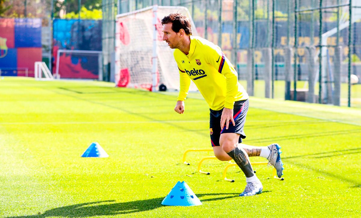 Leo Messi en un entrenamiento del Barça