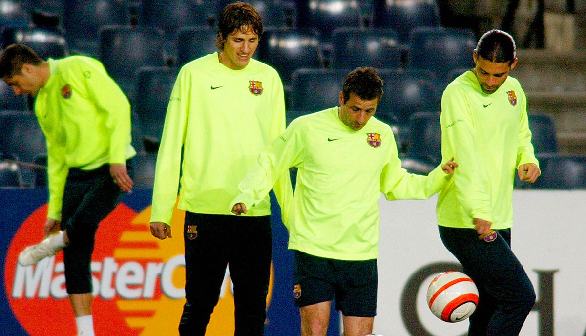 Giuly, Edmilson y Márquez en un entrenamiento del Barça