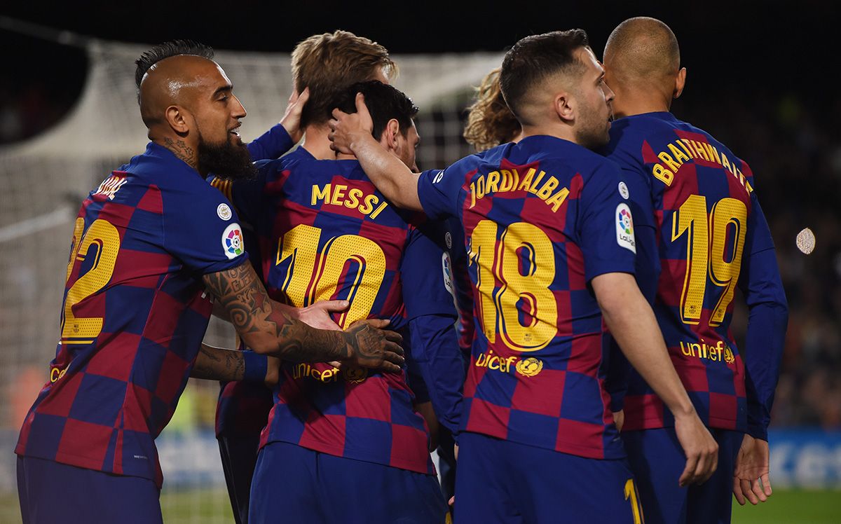 El FC Barcelona, celebrando un gol en el Camp Nou