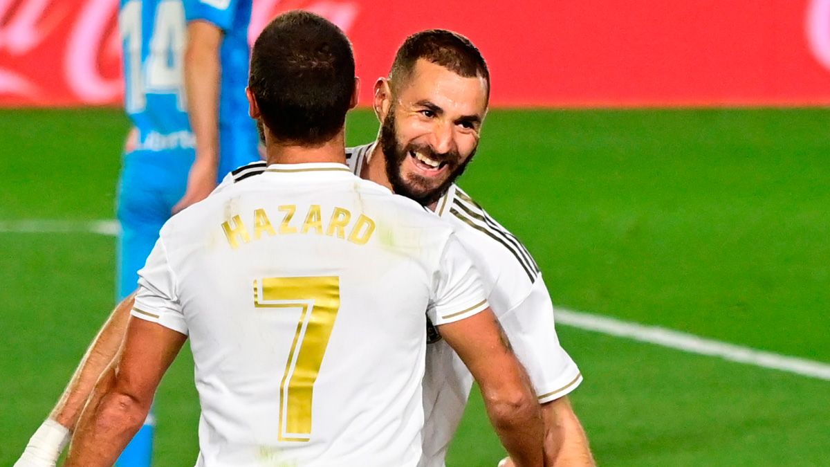 Karim Benzema celebra un gol del Real Madrid en LaLiga