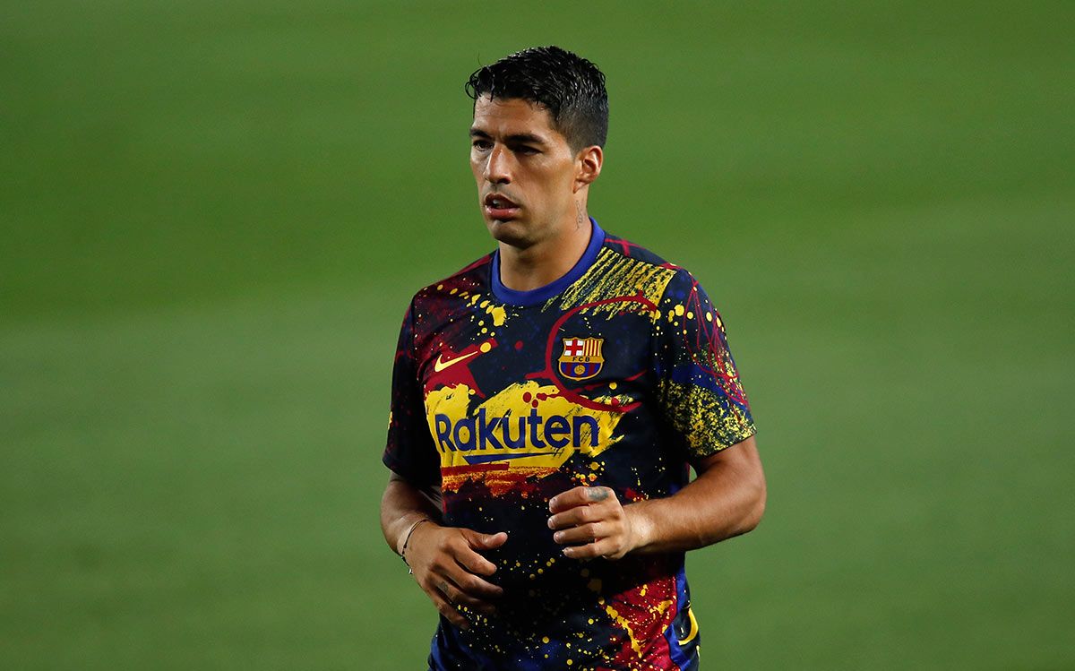 Luis Suárez, en el calentamiento del Barça