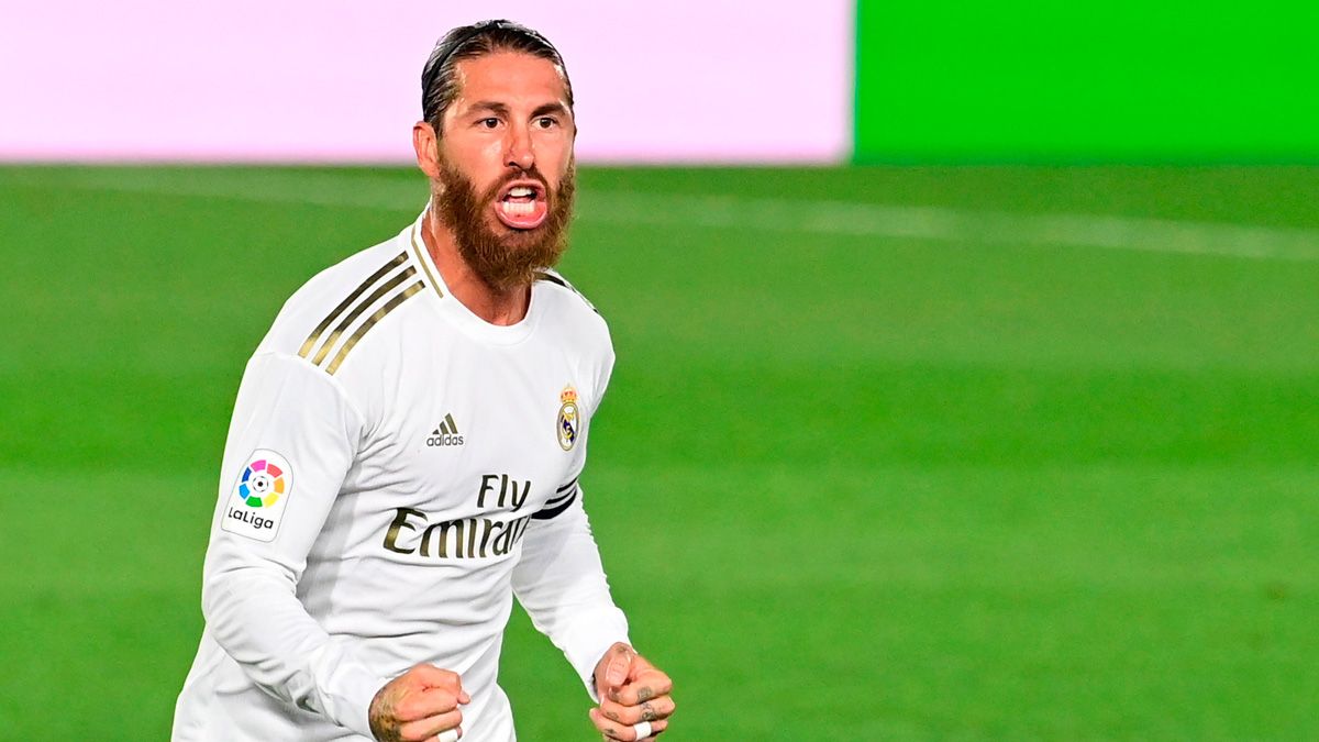 Sergio Ramos celebrates a goal with Real Madrid in LaLiga