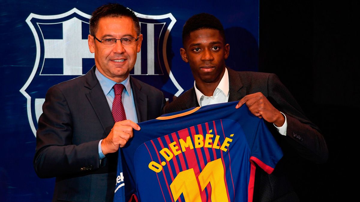 Ousmane Dembélé in his official presentation with Barça