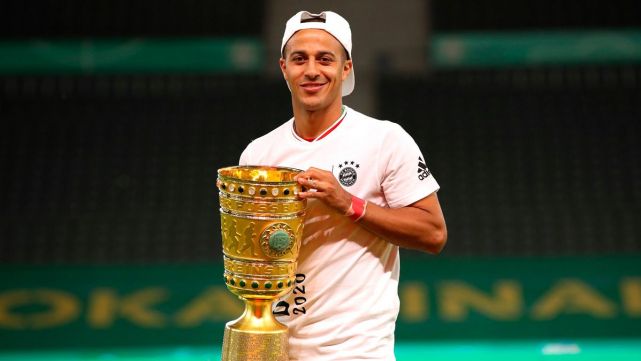Thiago Alcântara celebrates a title with Bayern Munich Thiago Alcântara celebrates a title with Bayern Munich