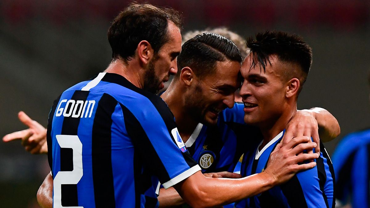 Lautaro Martínez celebrates a goal with Inter Milan in the Serie A