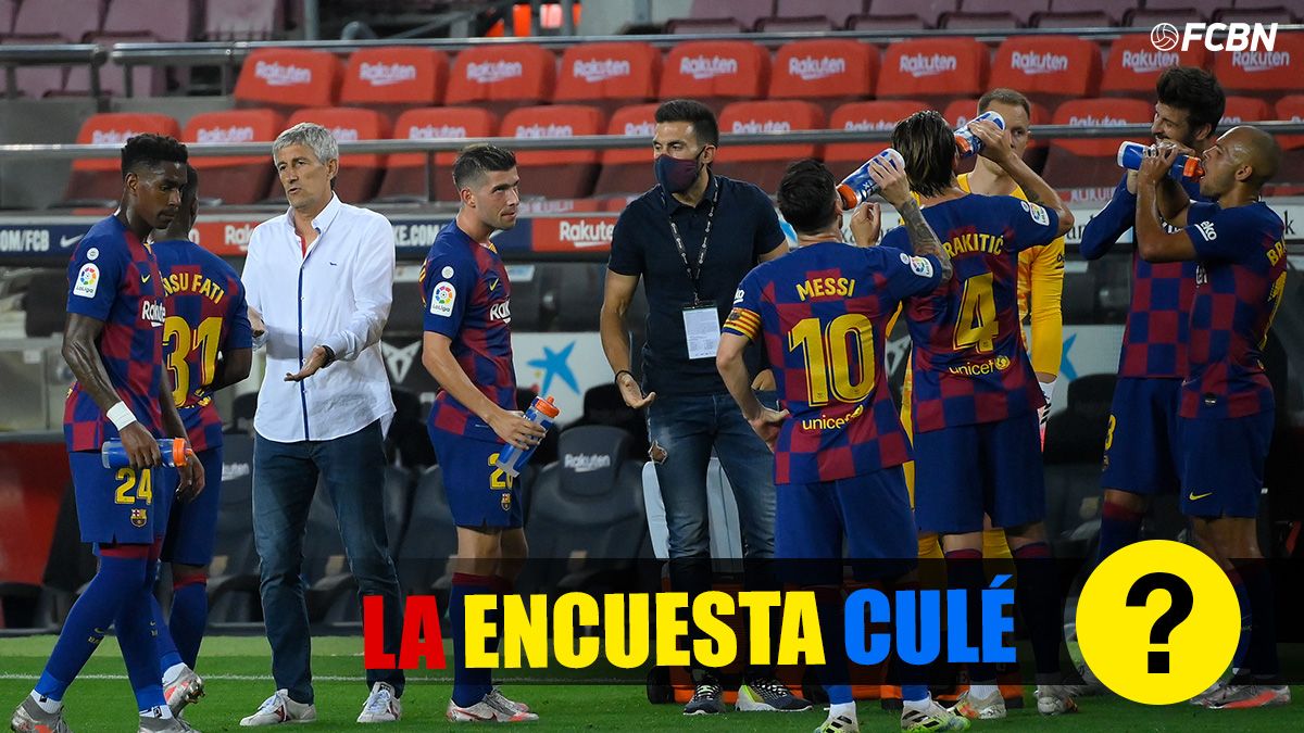 Quique Setién, durante una pausa de hidratación del FC Barcelona