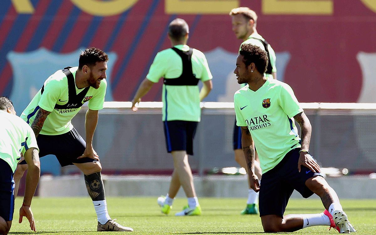 Leo Messi and Neymar Jr, during a training in an image of archive