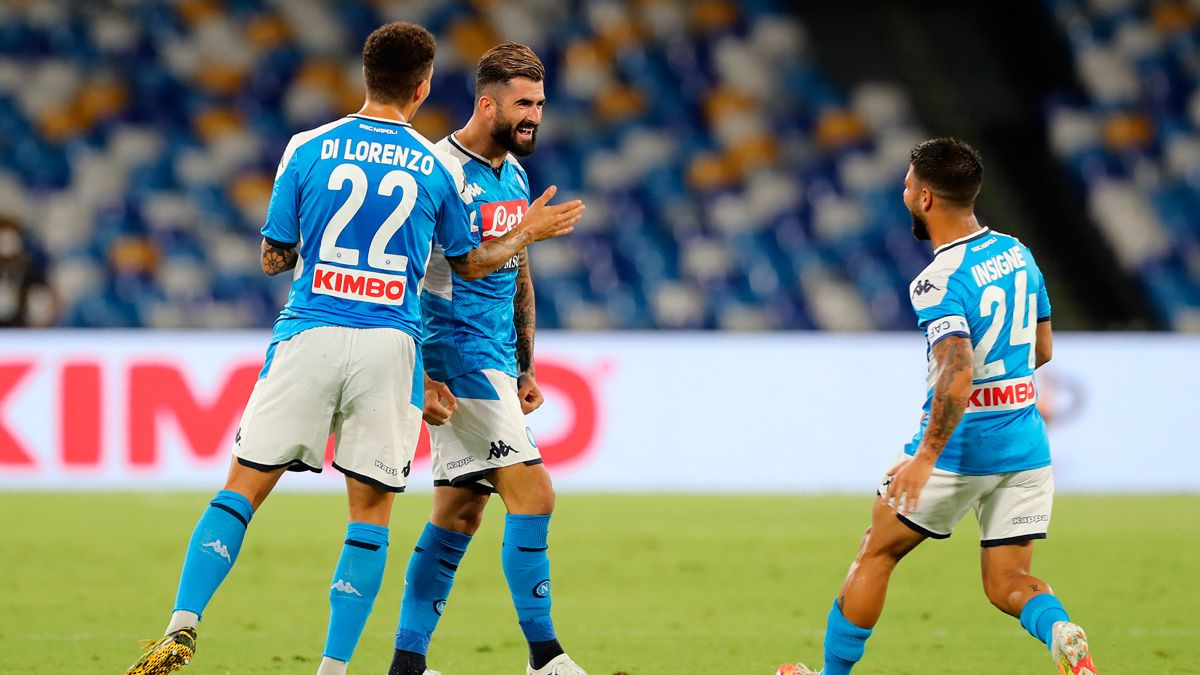 The players of Napoli celebrate a goal in the Serie A