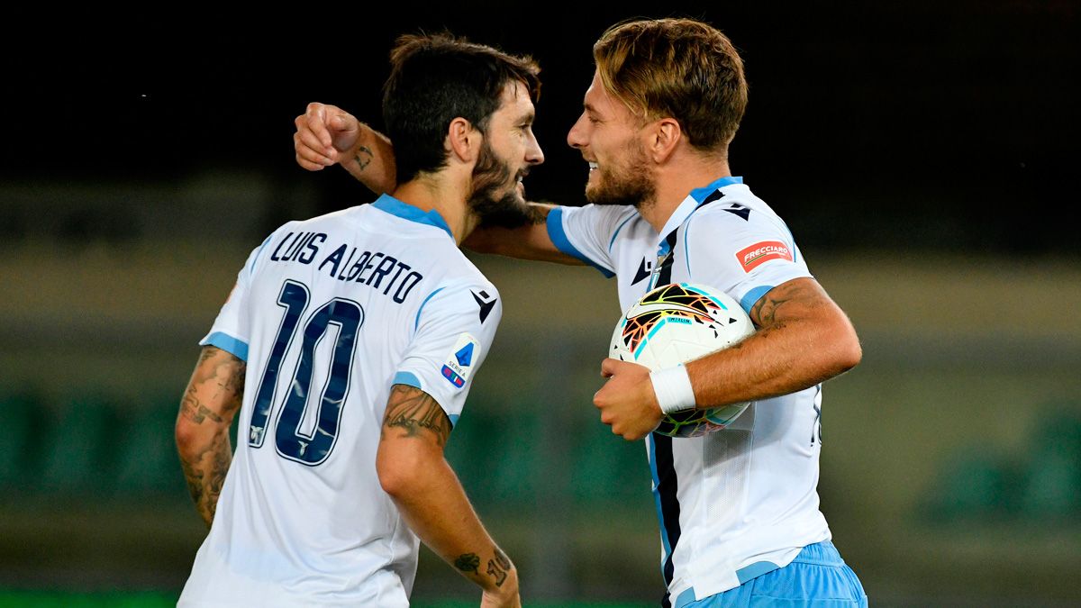 Luis Alberto and Ciro Immobile celebrate a goal of Lazio in the Serie A