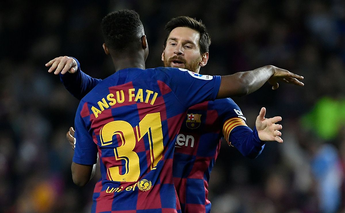 Leo Messi and Ansu Fati, celebrating a goal with the Barça