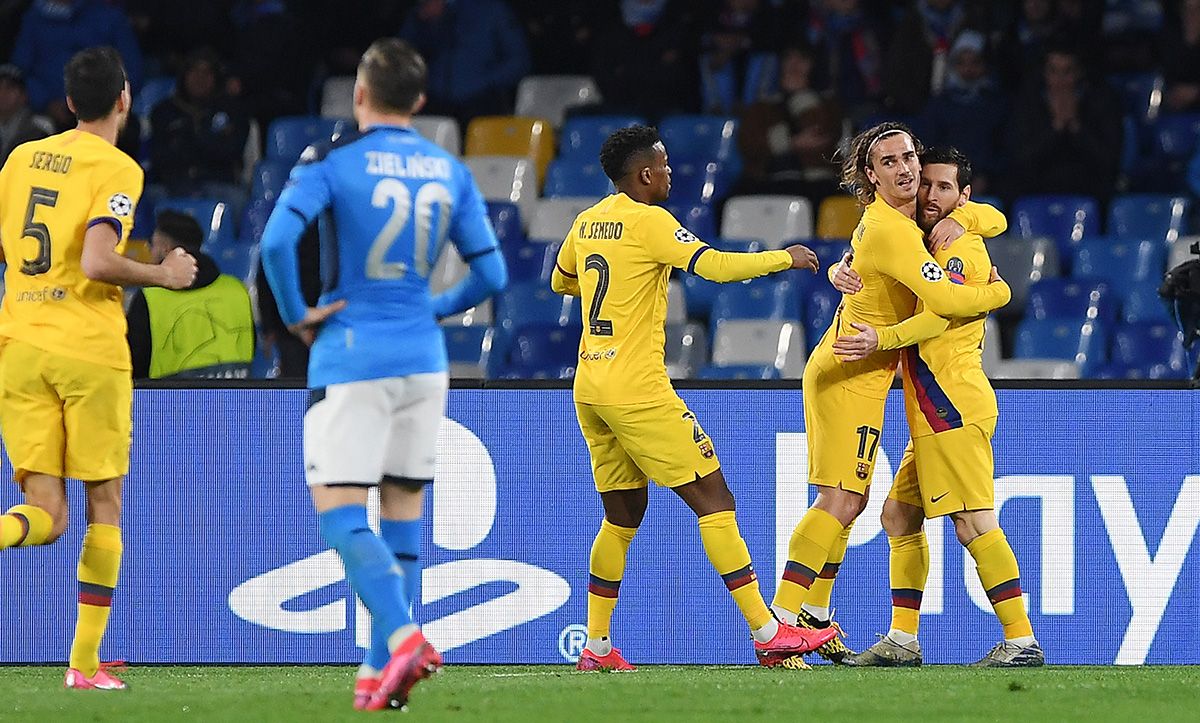 Antoine Griezmann, celebrating a goal against the Napoli