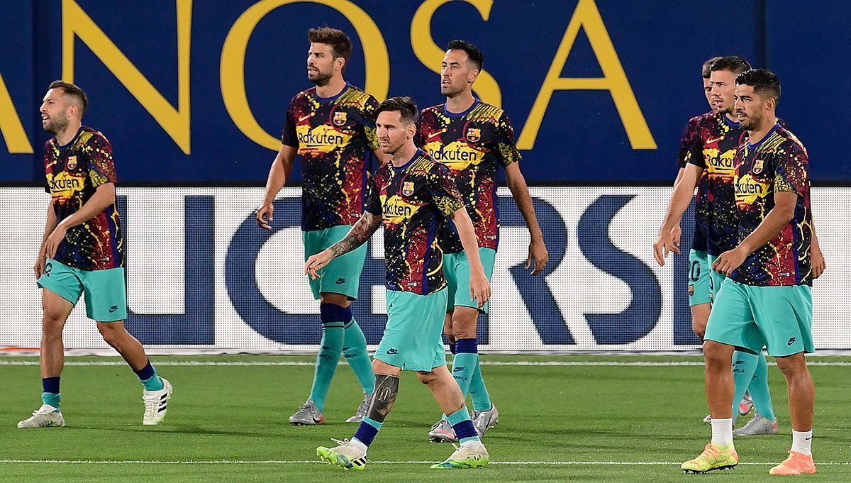 El FC Barcelona, calentando antes de un partido esta temporada