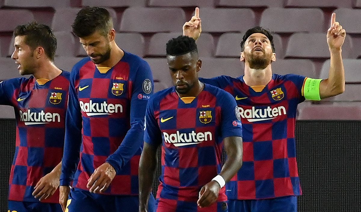 Leo Messi, celebrating the goal against the Napoli