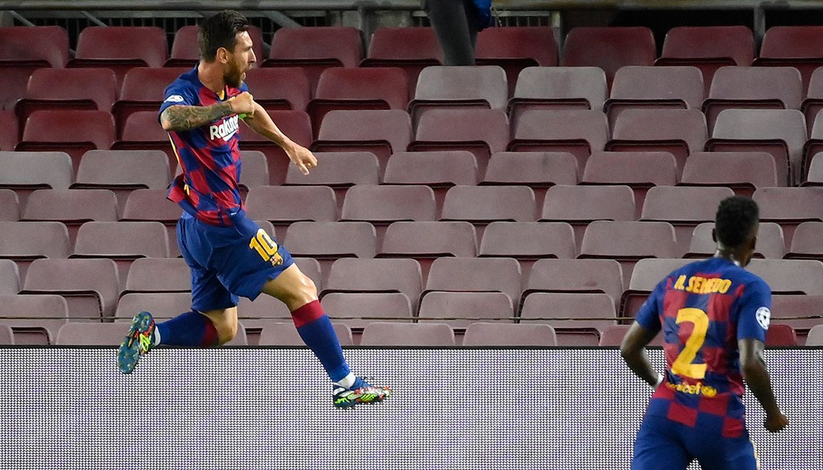 Leo Messi celebrando su gol ante el Napoli