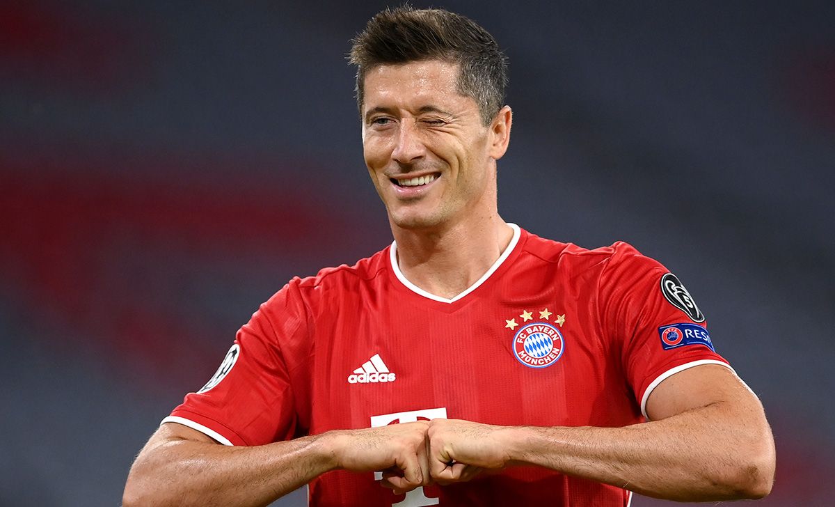 Robert Lewandowski, celebrating a goal with the Bayern