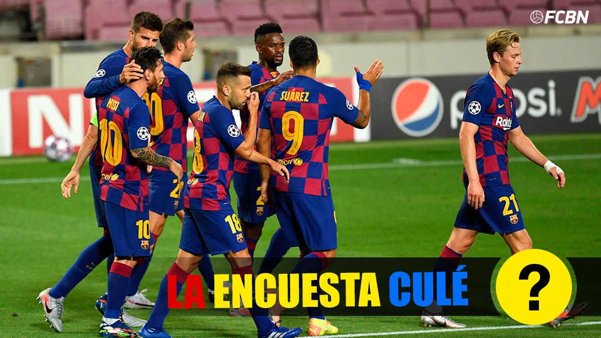 The FC Barcelona, celebrating one of the goals against the Napoli in the Camp Nou