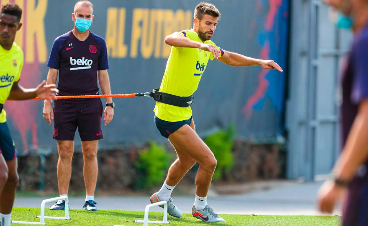 Gerard Piqué, during a training with the FC Barcelona this season