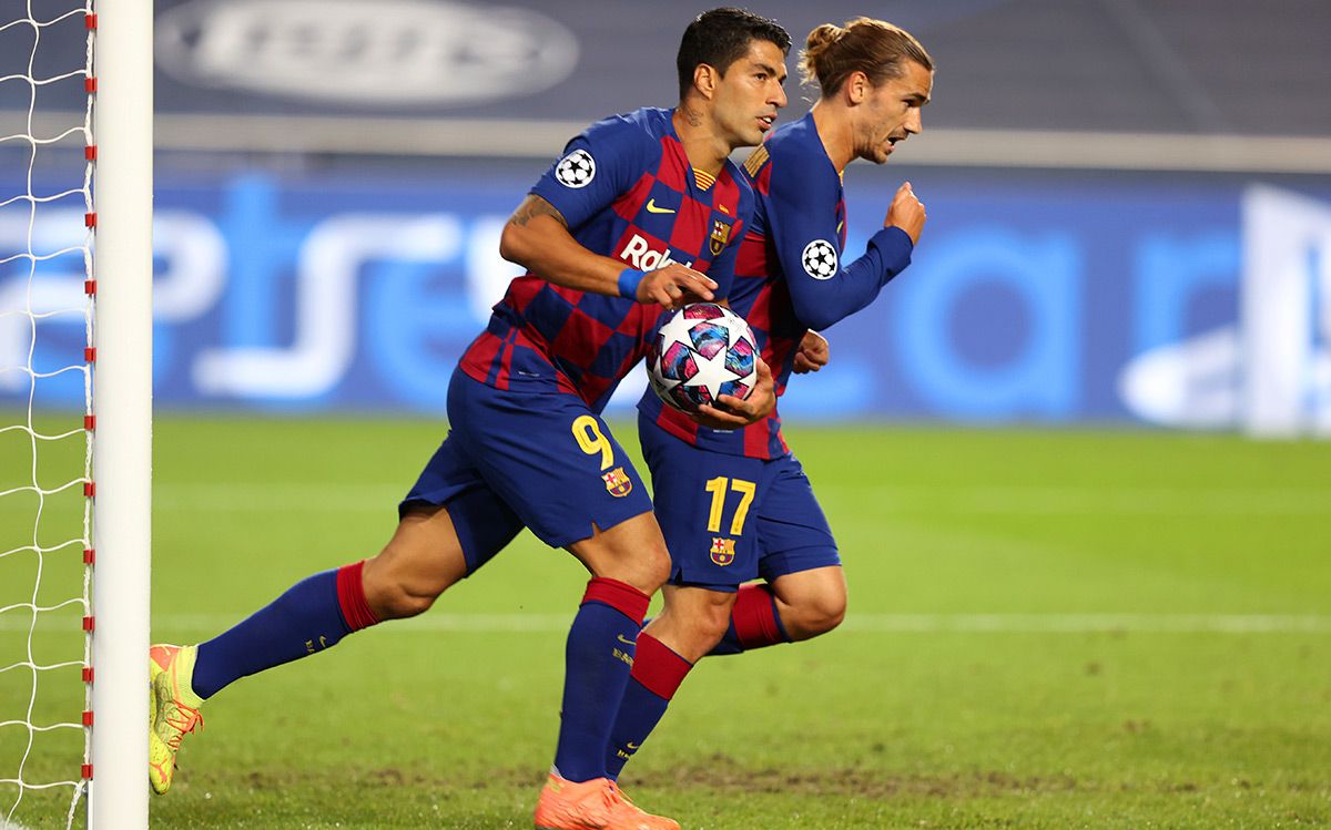 Luis Suárez and Antoine Griezmann, trying the traced back against the Bayern