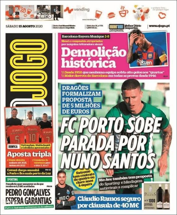Portada de O Jogo (15-8-2020)