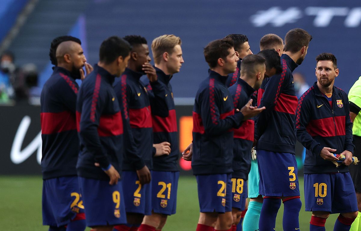 Jugadores del FC Barcelona antes del partido ante el Bayern