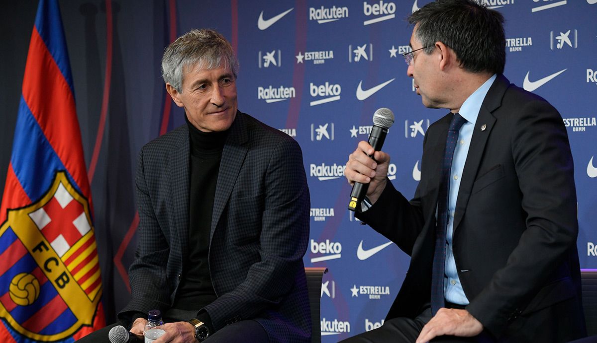 Josep Maria Bartomeu and Quique Setién, during his presentation