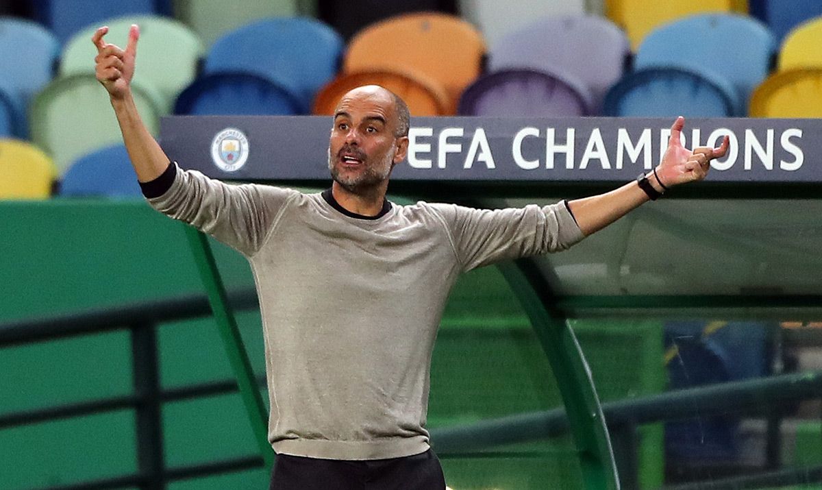 Pep Guardiola, durante el Manchester City-Lyon de Champions League