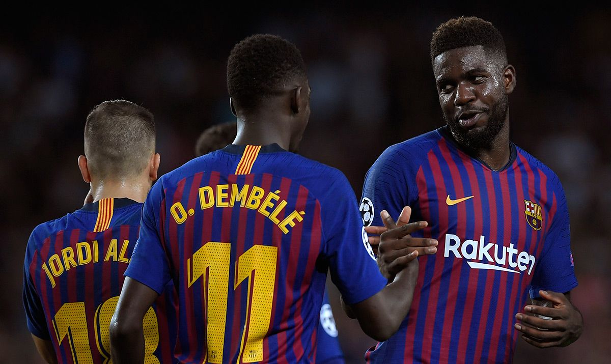 Ousmane Dembélé y Samuel Umtiti, durante un partido con el Barça