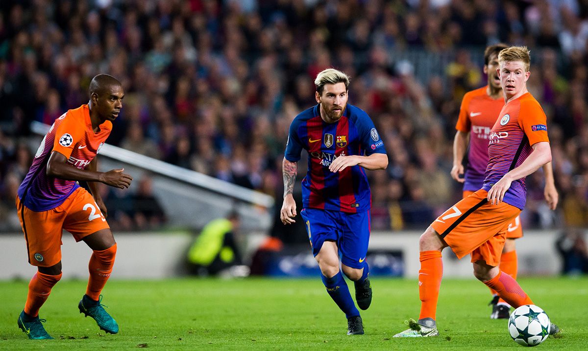 Leo Messi and Kevin de Bruyne, during a Barça-City of Champions
