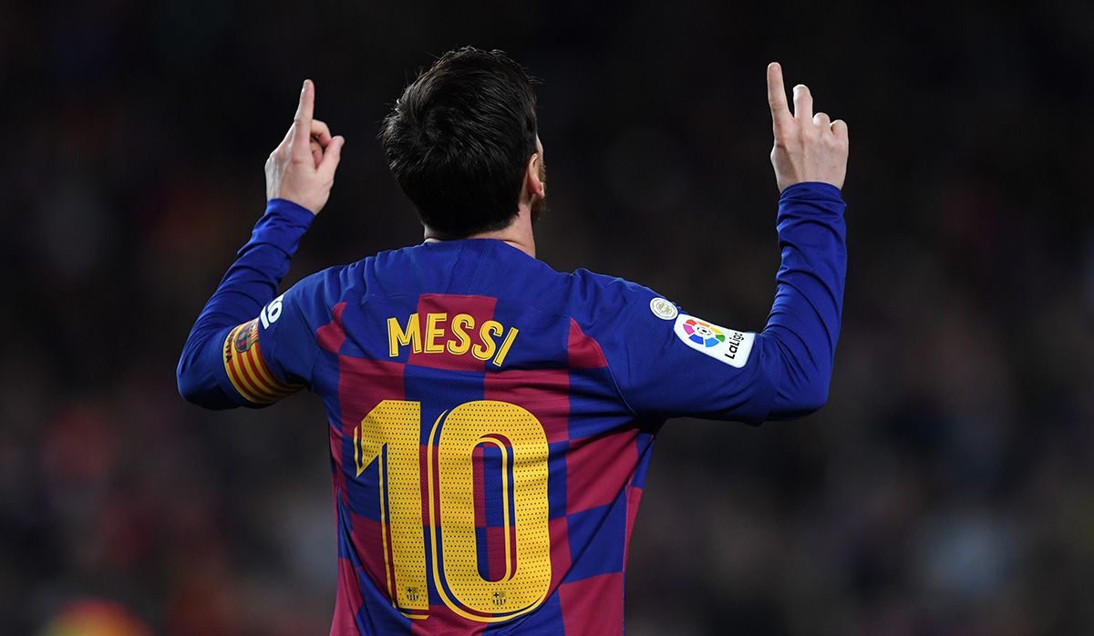 Leo Messi, celebrating a goal with the FC Barcelona in 2020