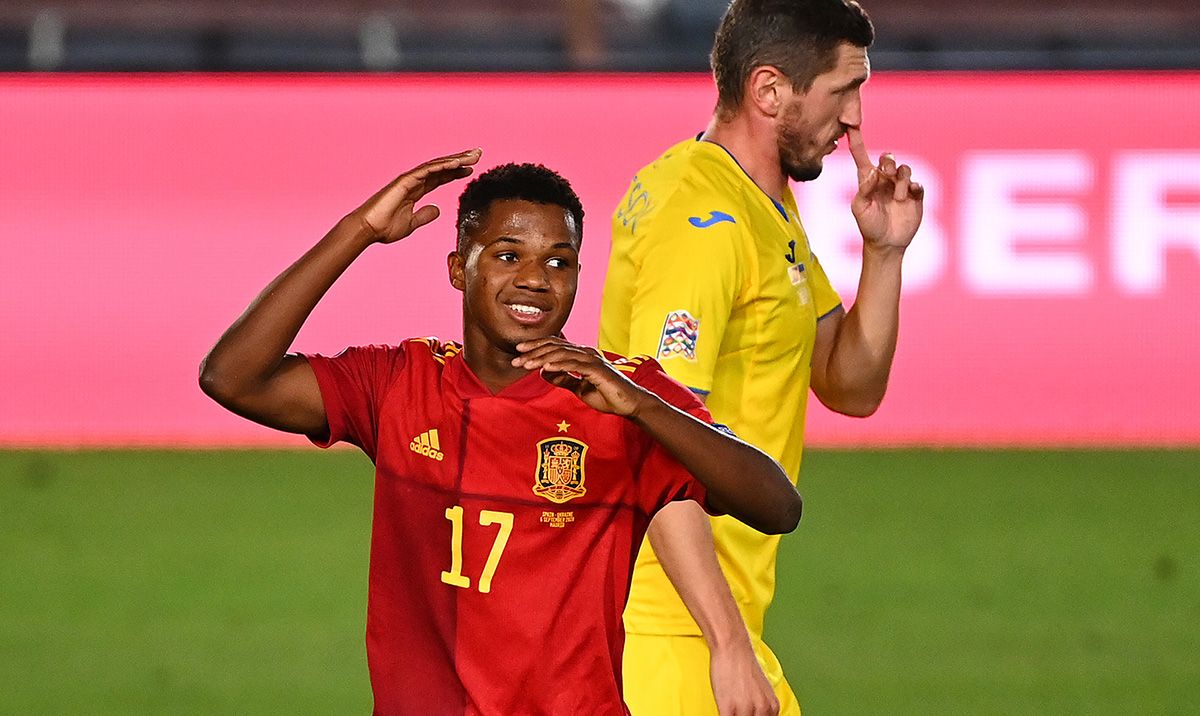 Ansu Fati, celebrating his first goal with the Spanish National Team