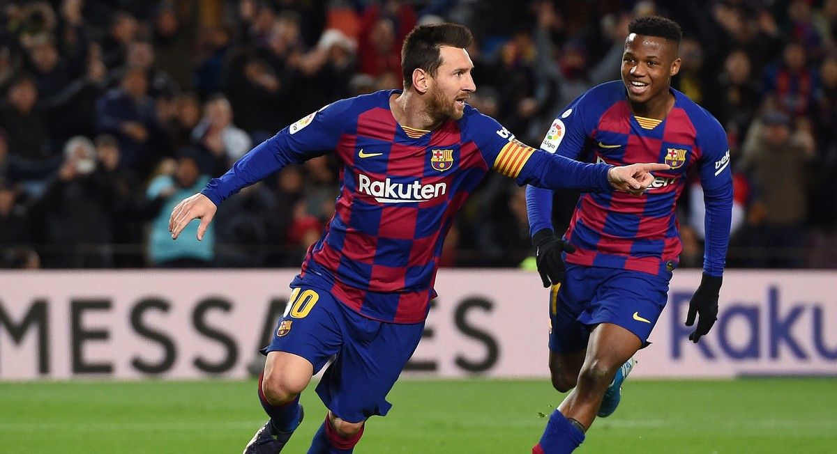 Messi and Ansu Fati celebrating a goal