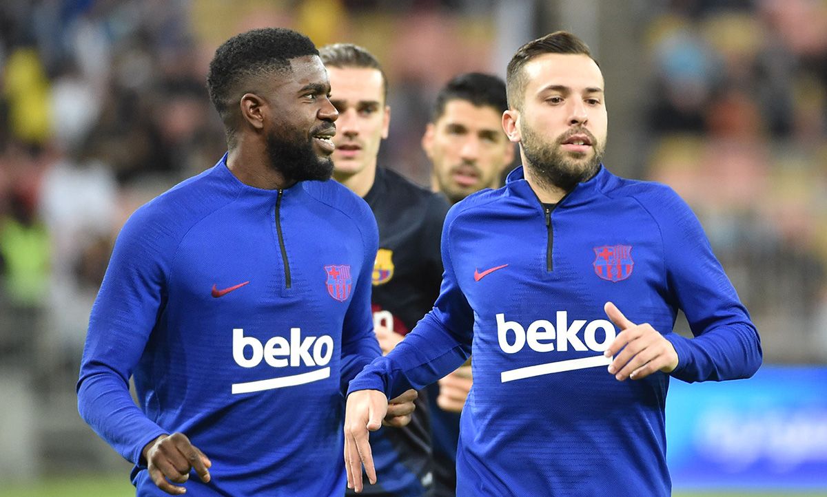 Samuel Umtiti, durante un calentamiento con el FC Barcelona