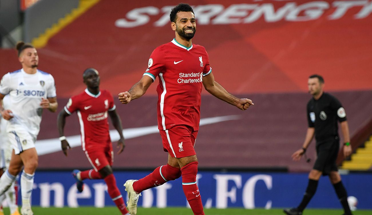 Mohammed Salah celebrates a goal with the Liverpool