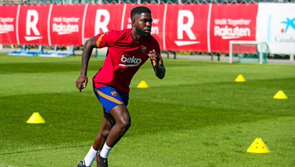 Samuel Umtiti, during a training with the Barça