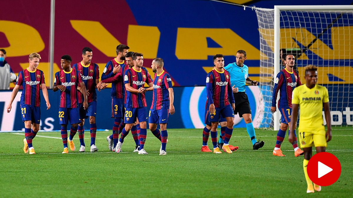 El FC Barcelona, celebrando uno de los goles contra el Villarreal