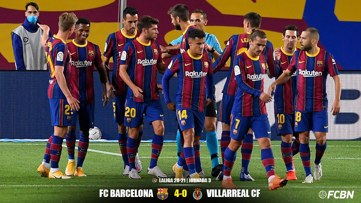 El FC Barcelona, celebrando uno de los goles contra el Villarreal
