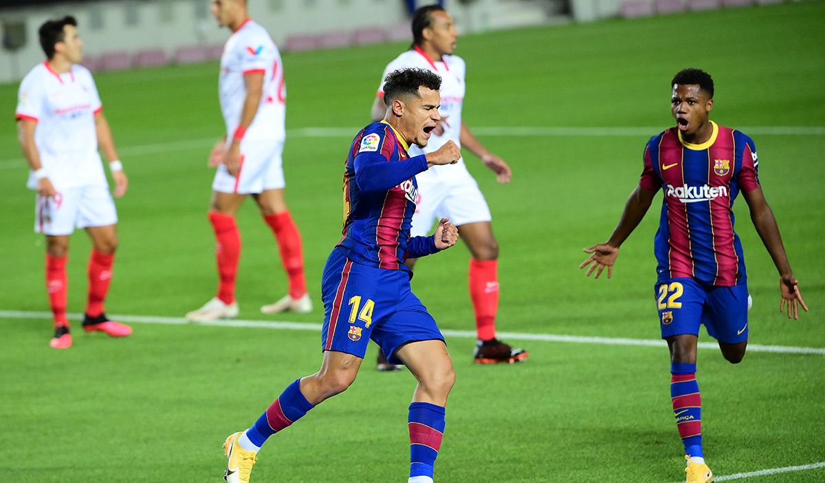 Coutinho, celebrating the goal against the Seville in the Camp Nou