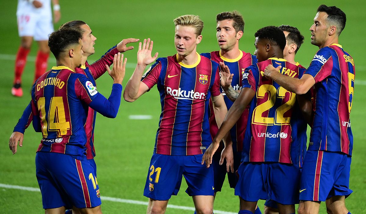 The FC Barcelona, celebrating one of the goals against the Seville