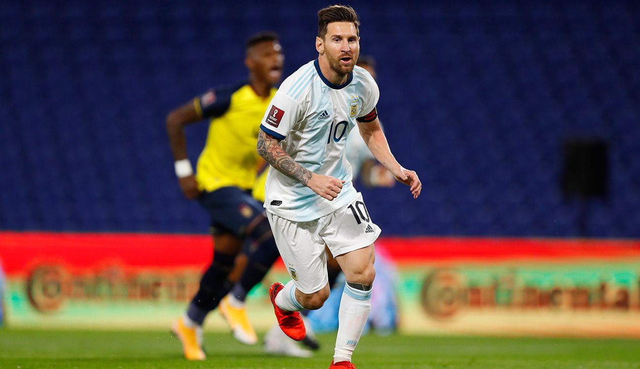 Leo Messi celebrates his goal against Ecuador