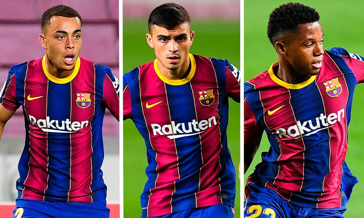 Ansu Fati, Pedri González y Sergiño Dest, jugadores del Barça