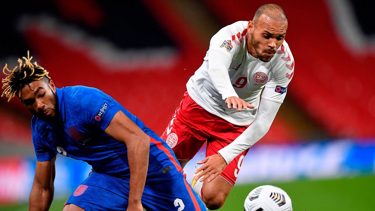 Martin Braithwaite, with Denmark, in an action of game in front of England