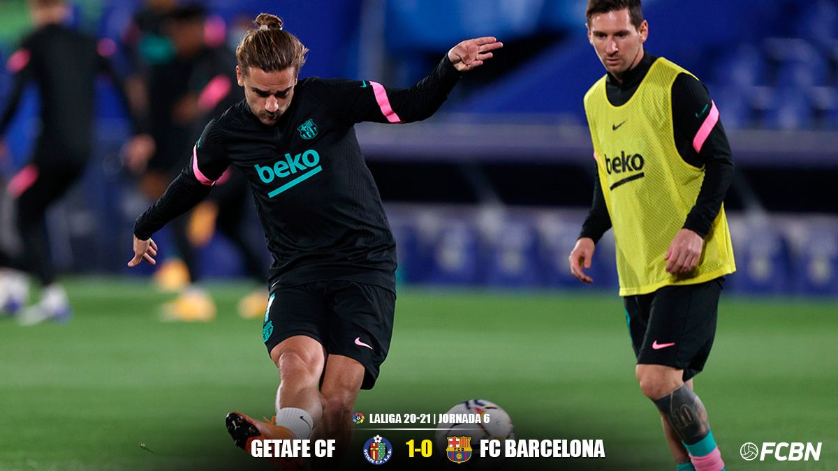 Griezmann y Messi, durante el calentamiento previo al Getafe-Barça