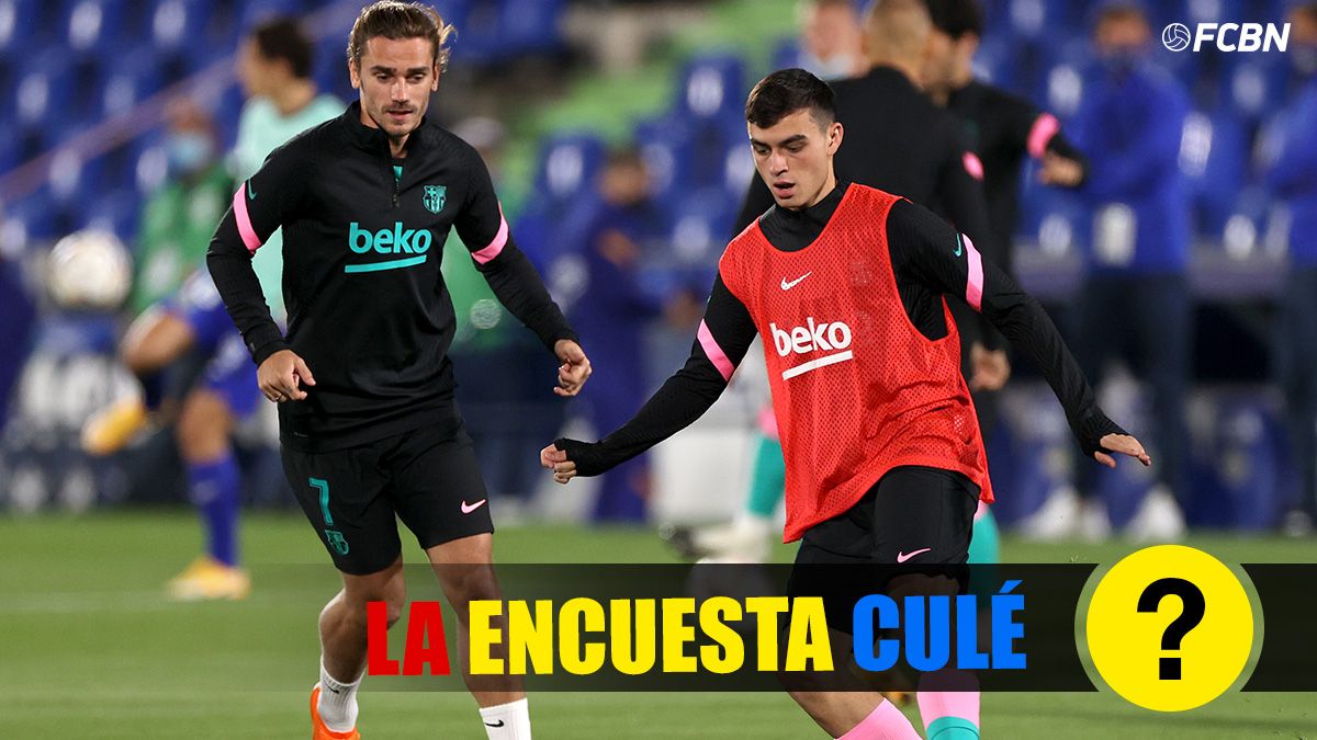 Pedri and Griezmann, during a warming of the FC Barcelona