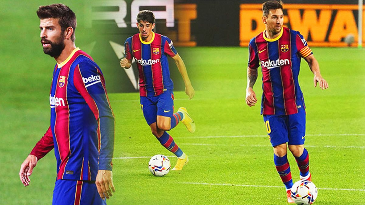 Gerard Piqué, Francisco Trincao and Leo Messi, this season 2020-21 with the Barça