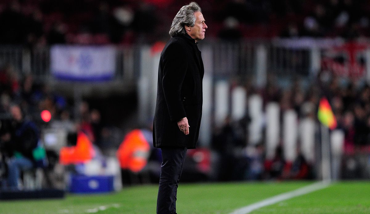 Jorge Jesus, trainer of the Benfica, in a party in the Camp Nou