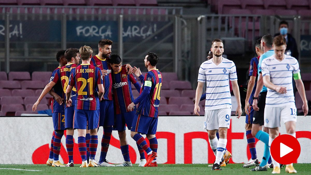 El FC Barcelona, celebrando uno de los goles contra el Dynamo de Kiev