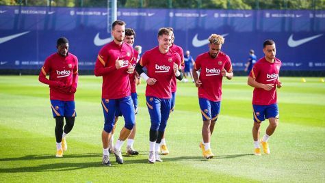 The players of the FC Barcelona, training in the Ciutat Esportiva